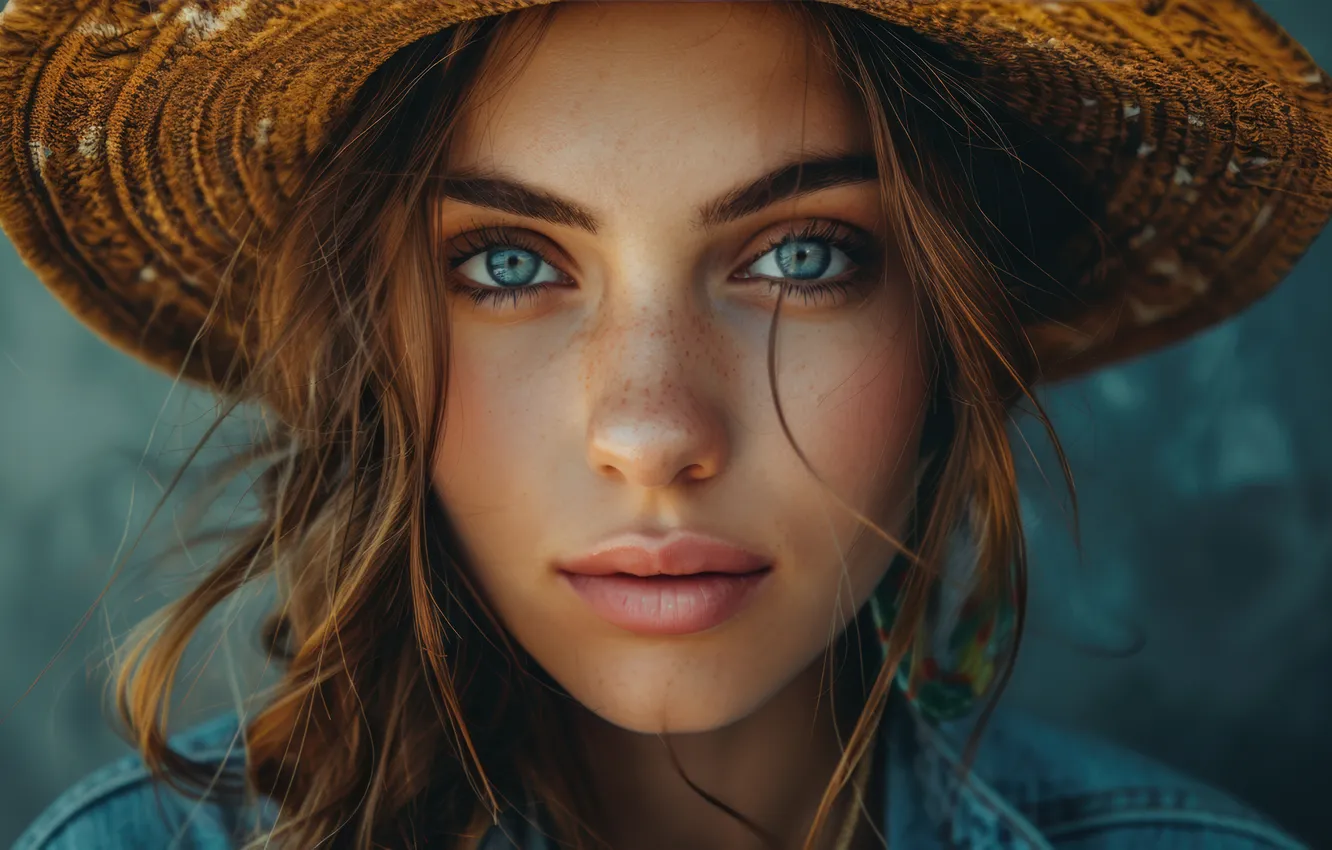 Photo wallpaper look, girl, close-up, face, portrait, hat, freckles, brown hair