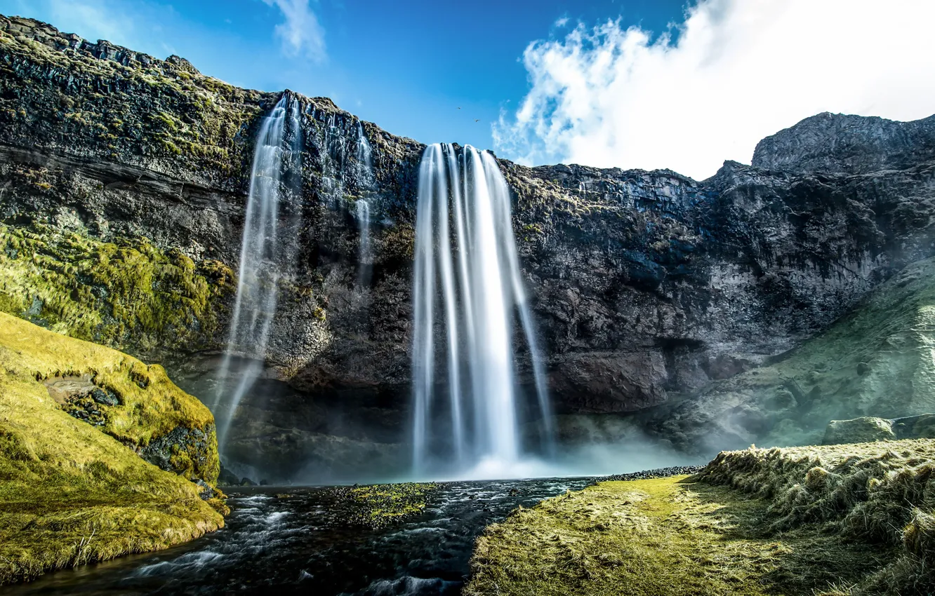 Photo wallpaper the sky, clouds, stream, waterfall, rock, Iceland, Seljalandsfoss