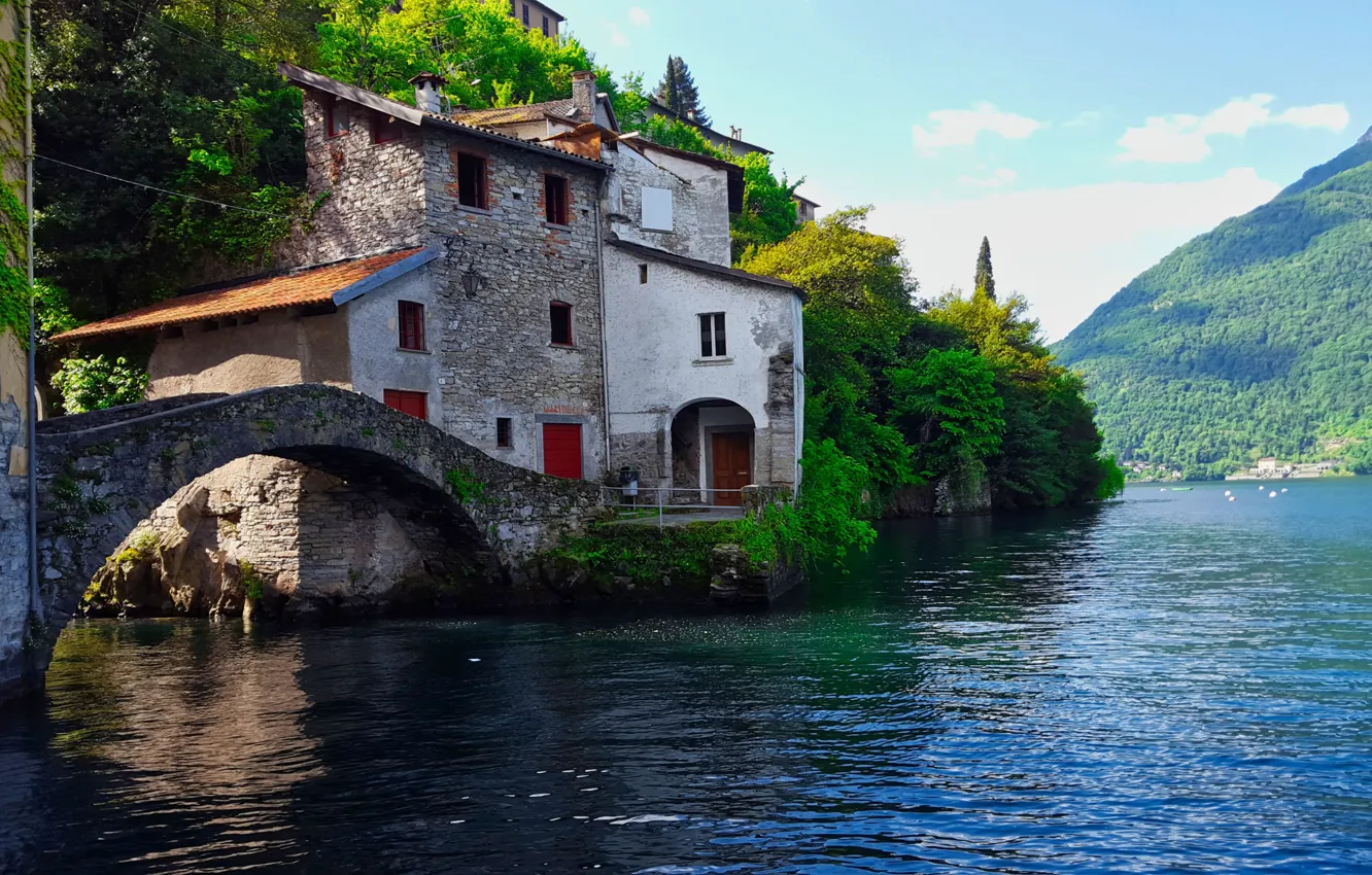 Photo wallpaper bridge, lake, home, Italy, Como, Nesso