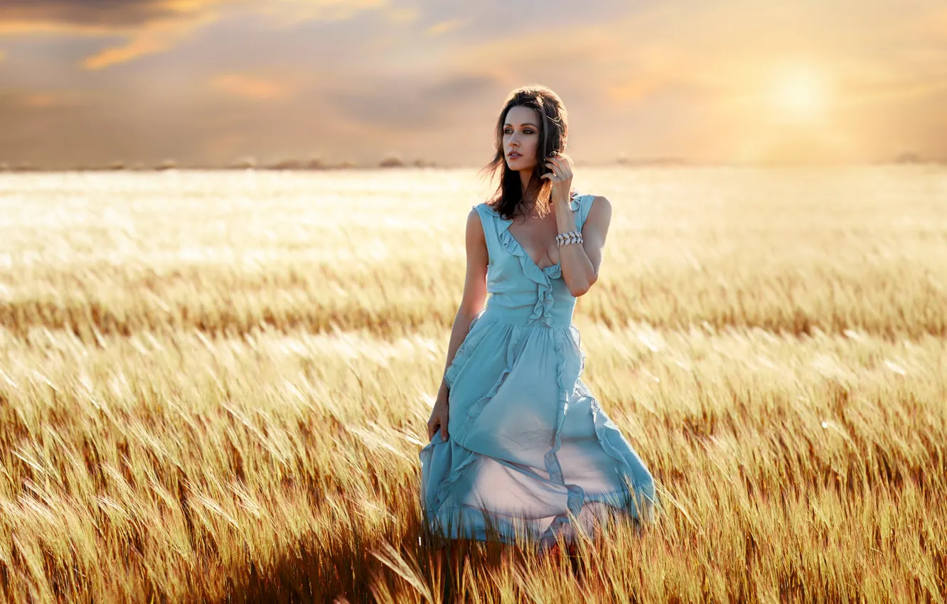 Photo wallpaper field, girl, sunset, mood, dress, Olga Alberti, Javier Ullastres