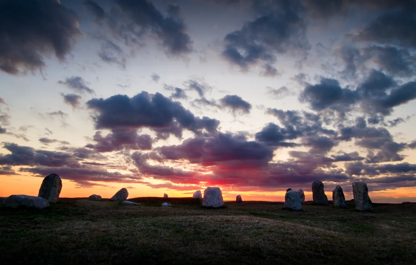 Photo wallpaper the sky, grass, landscape, stones, places