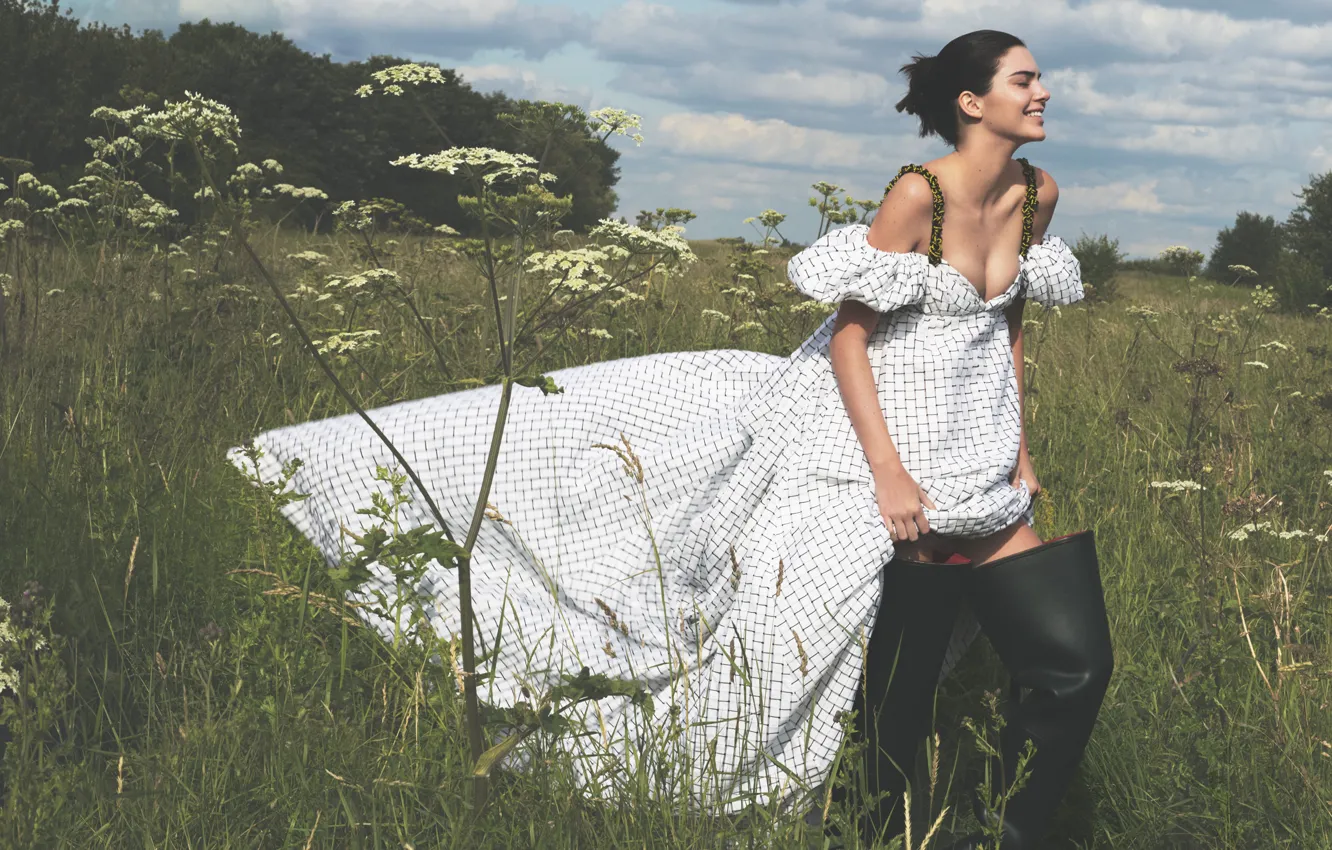 Photo wallpaper greens, field, summer, grass, the sun, clouds, trees, model