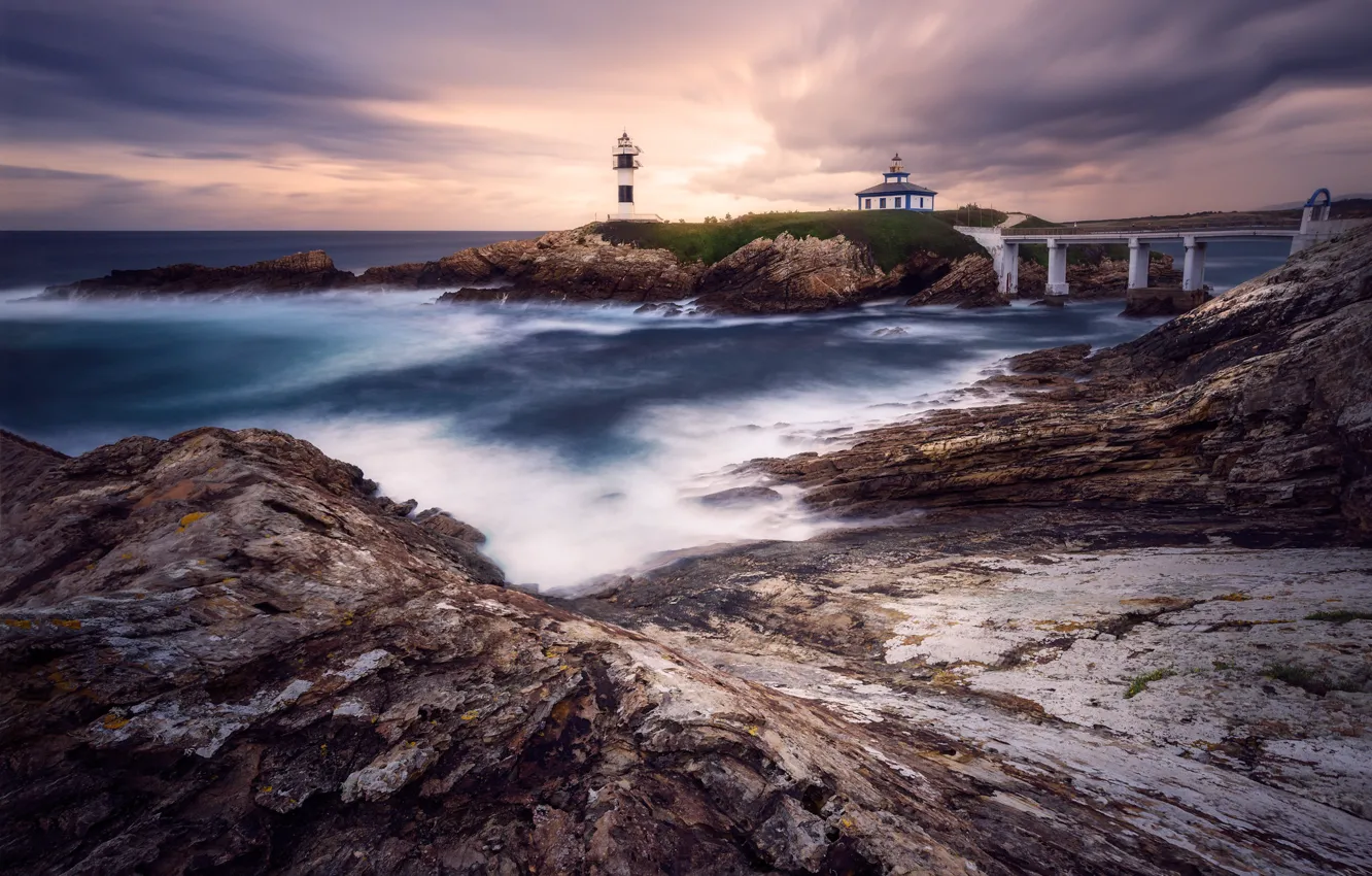 Photo wallpaper sea, the sky, light, bridge, rocks, shore, lighthouse