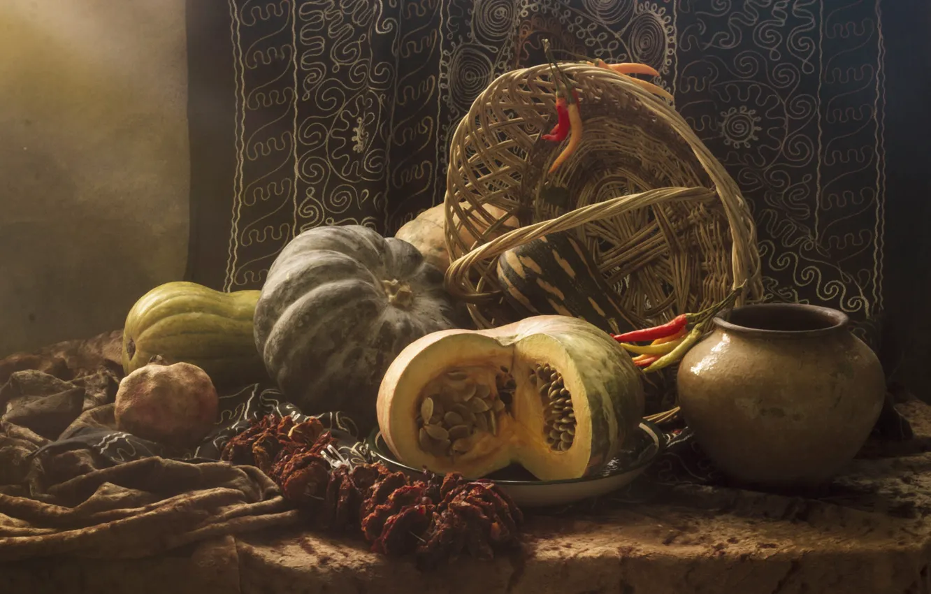 Photo wallpaper table, harvest, fabric, pumpkin, pot, pepper, still life, basket