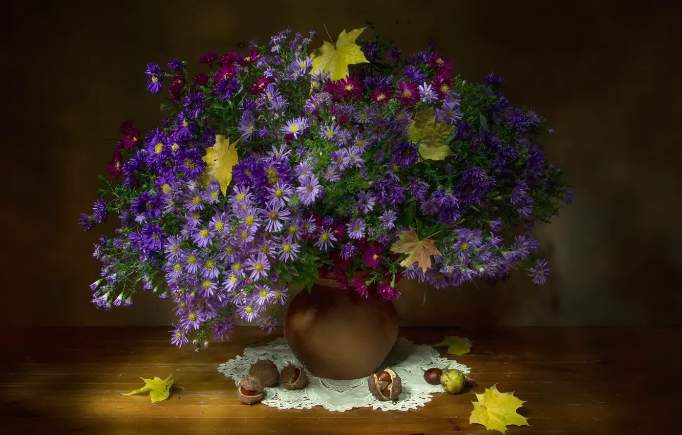 Photo wallpaper flowers, bouquet, still life, asters, autumn leaves