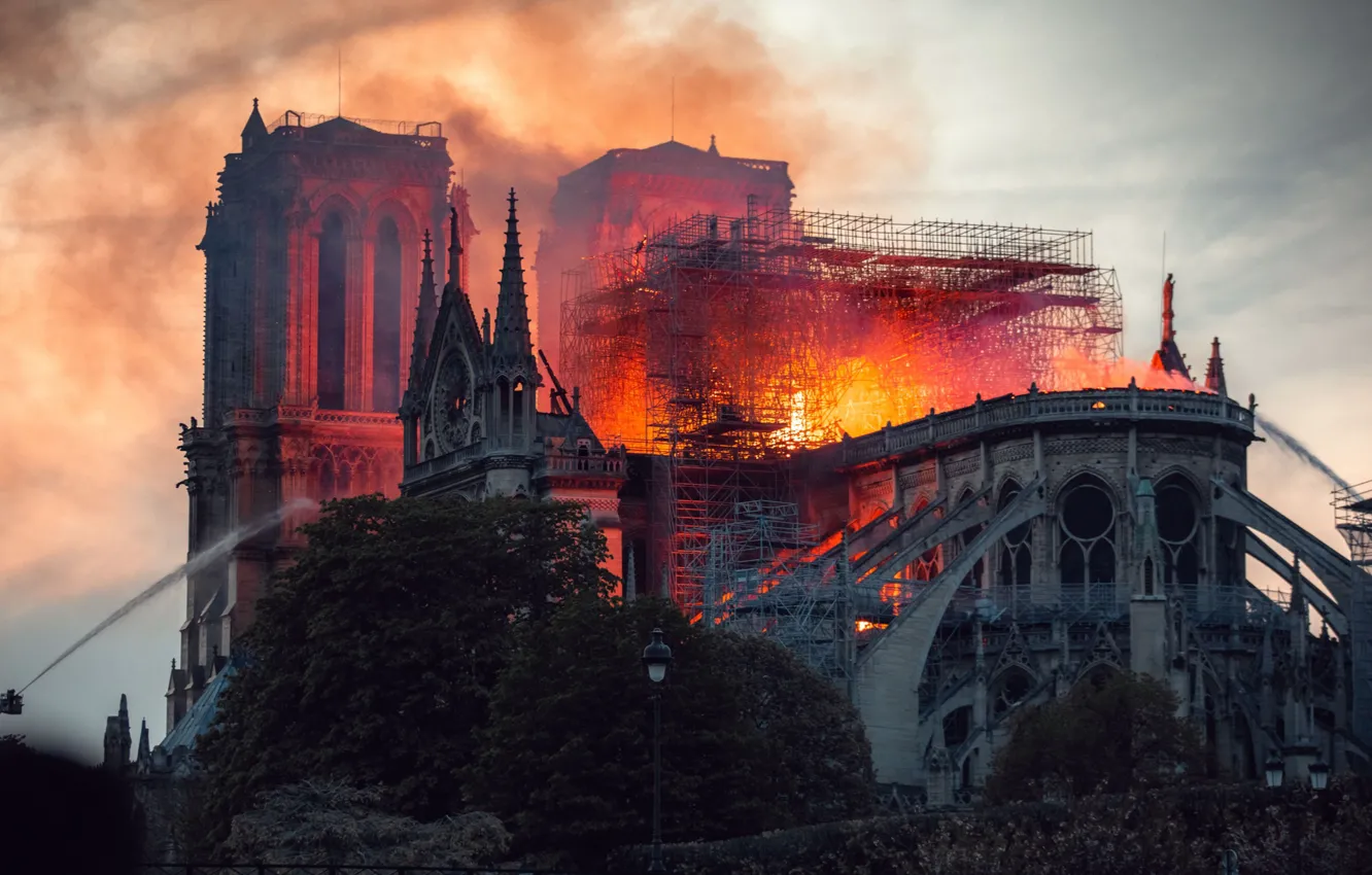 Photo wallpaper fire, Paris, France, Notre Dame Cathedral