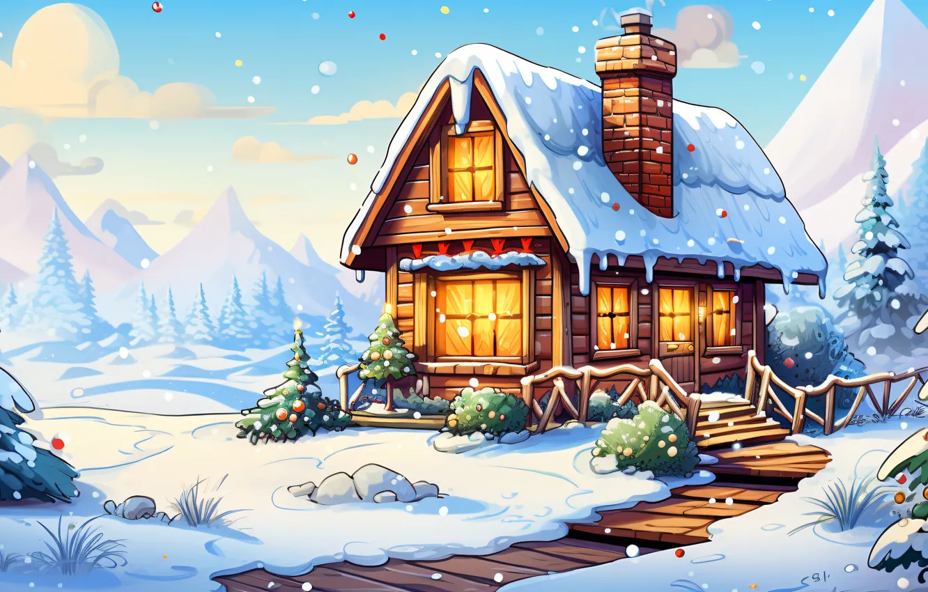 Photo wallpaper winter, snow, holiday, graphics, tree, new year, home, Christmas