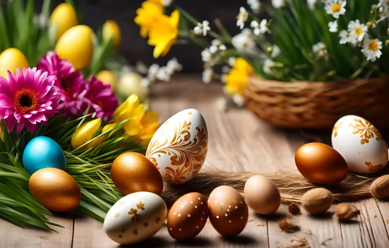 Photo wallpaper flowers, eggs, spring, colorful, Easter, happy, flowers, spring