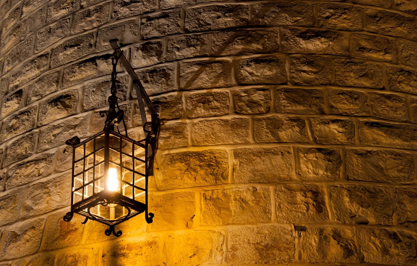 Photo wallpaper light, metal, wall, lantern, brick, light bulb, Wall lamp, curved