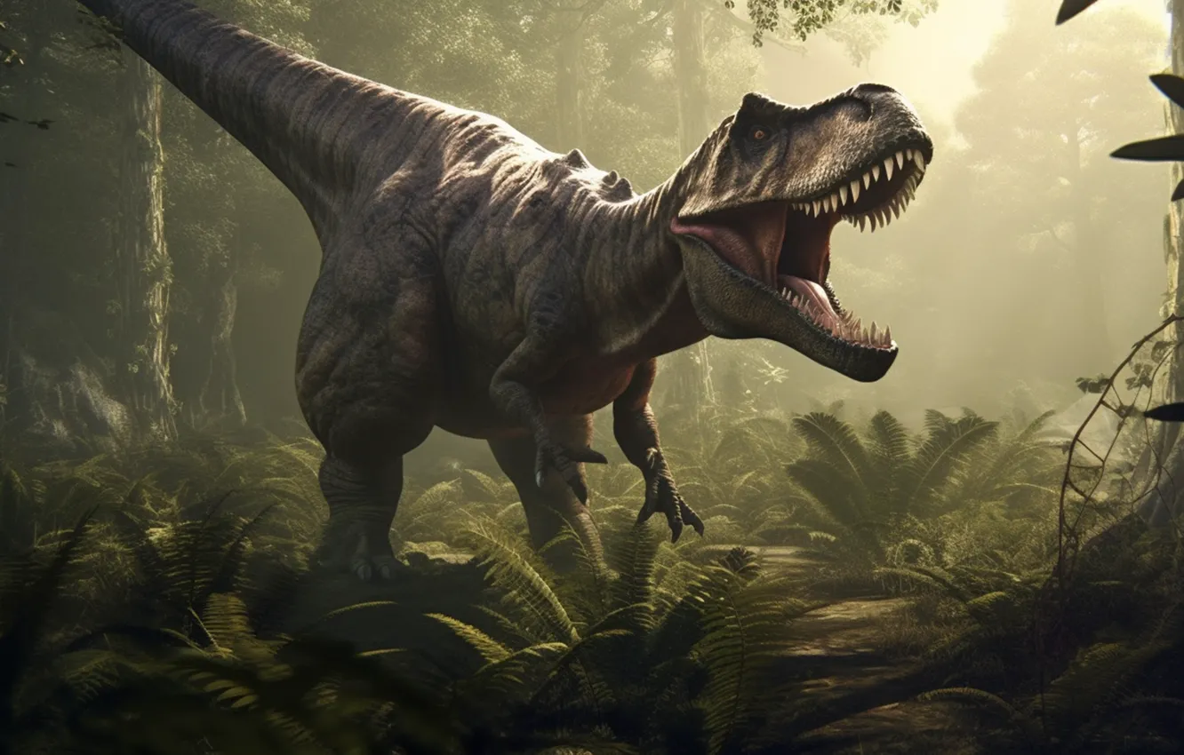 Photo wallpaper Teeth, Mouth, Predator, Dinosaur, Jungle, Animal, Digital art, Tyrannosaurus