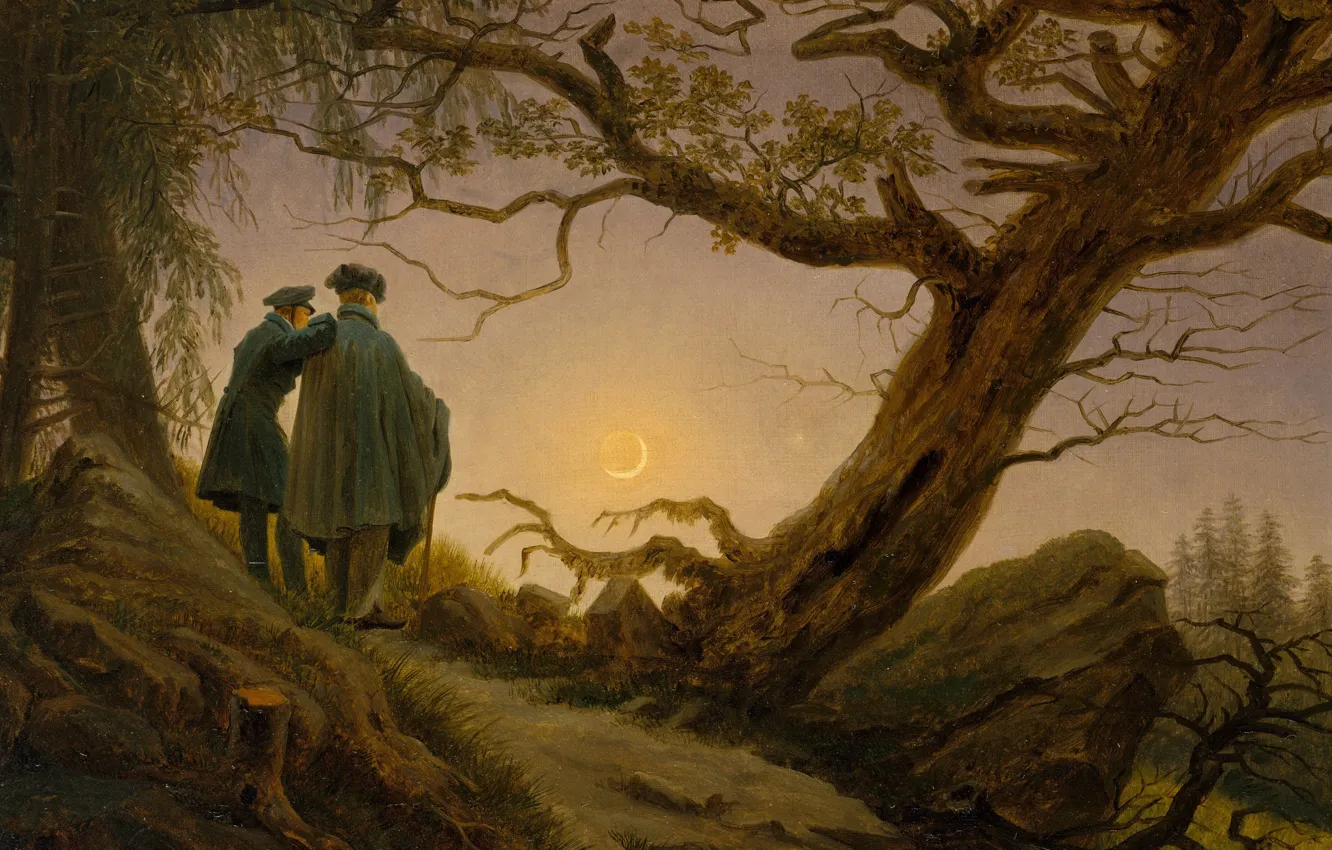 Photo wallpaper trees, landscape, picture, Caspar David Friedrich, Two Men Contemplating The Moon
