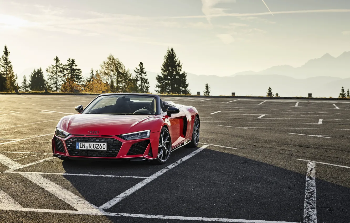 Photo wallpaper mountains, Audi, Parking, Audi R8, Spyder, V10, 2020, RWD
