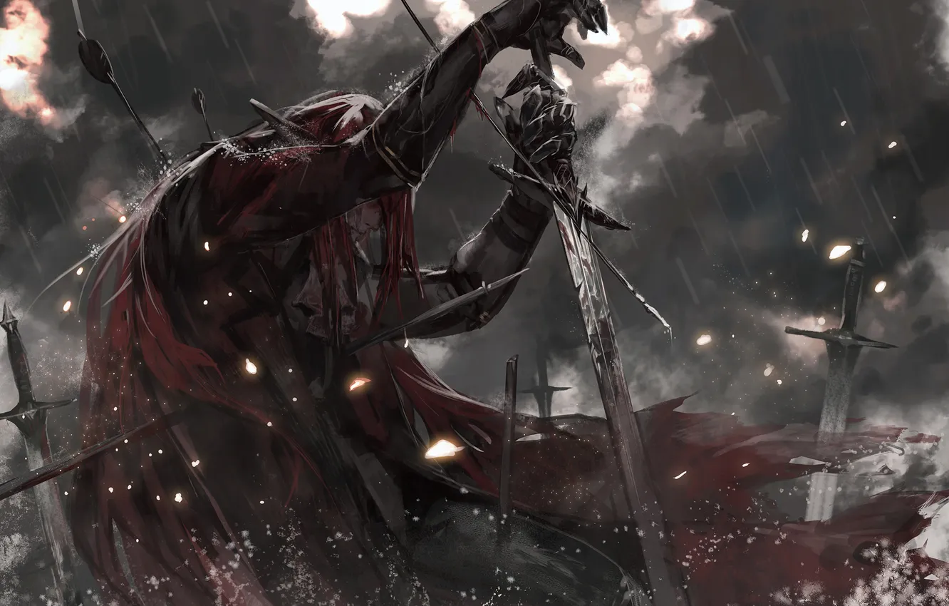 Photo wallpaper sword, art, guy, cloak, pixiv fantasia, alcd, arrows? rain