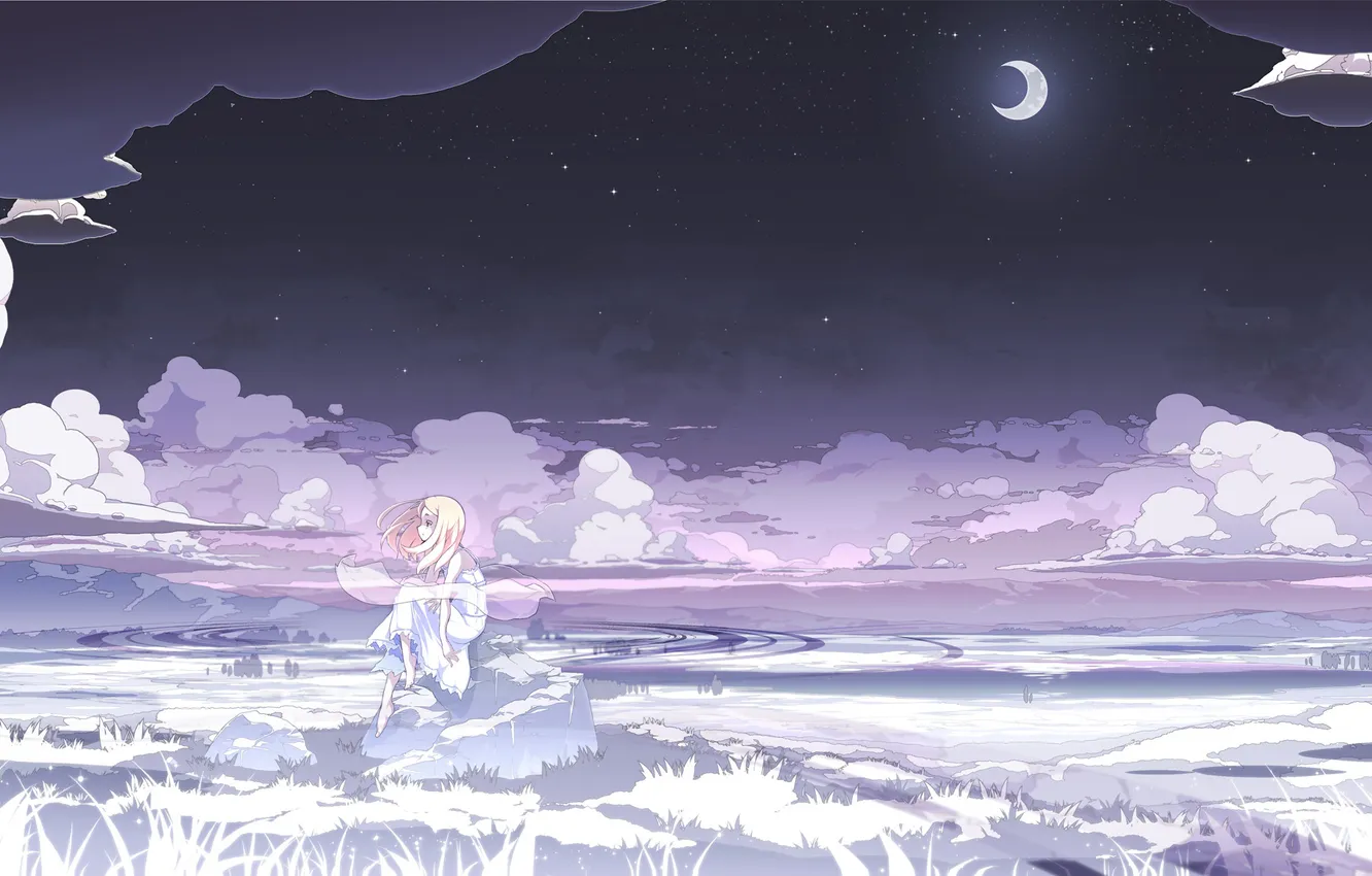 Photo wallpaper field, girl, stars, clouds, night, nature, a month, anime