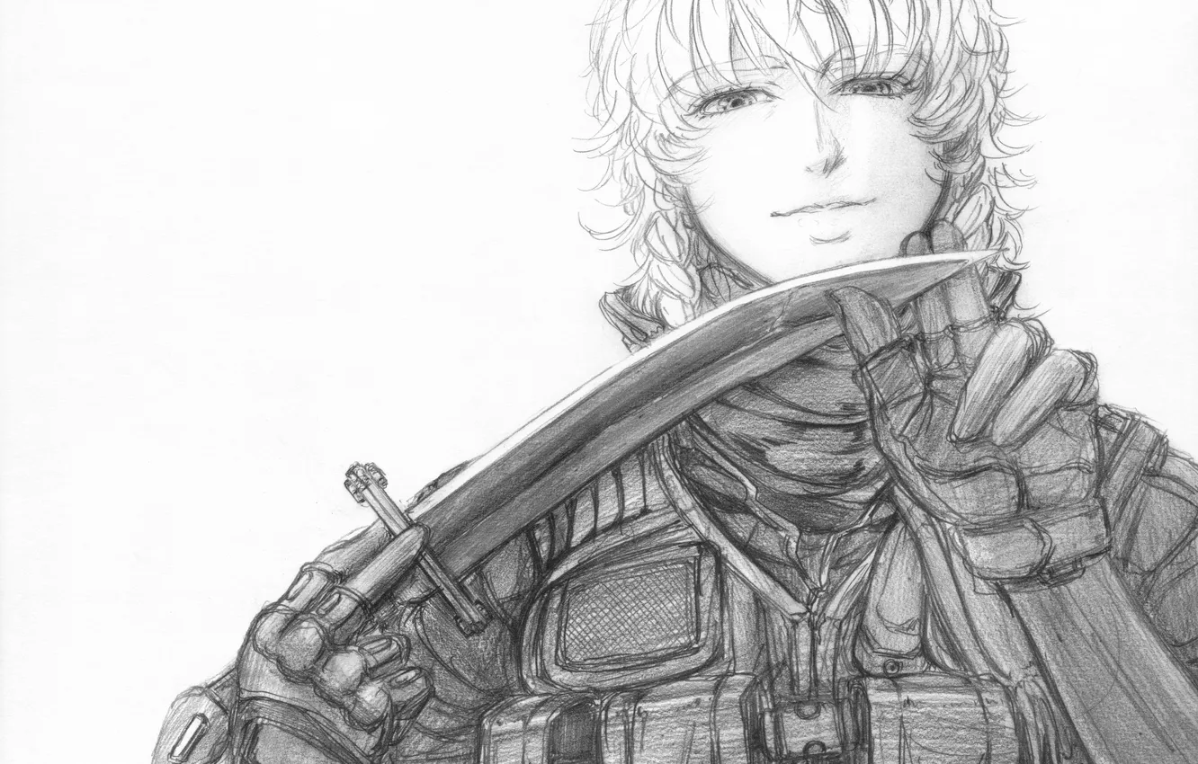 Photo wallpaper girl, paper, weapons, the game, figure, anime, pencils, knife