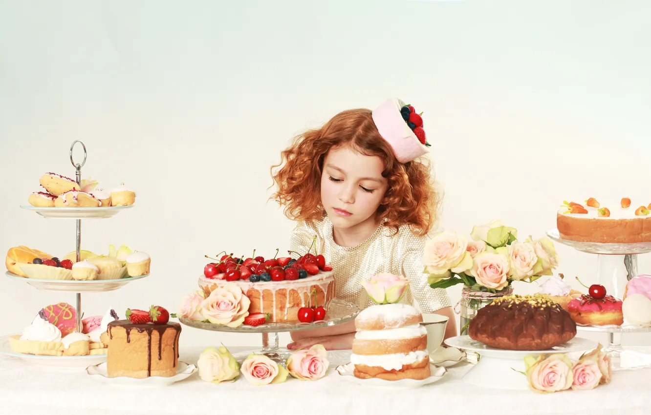 Photo wallpaper flowers, cherry, berries, roses, strawberry, girl, cake, cake