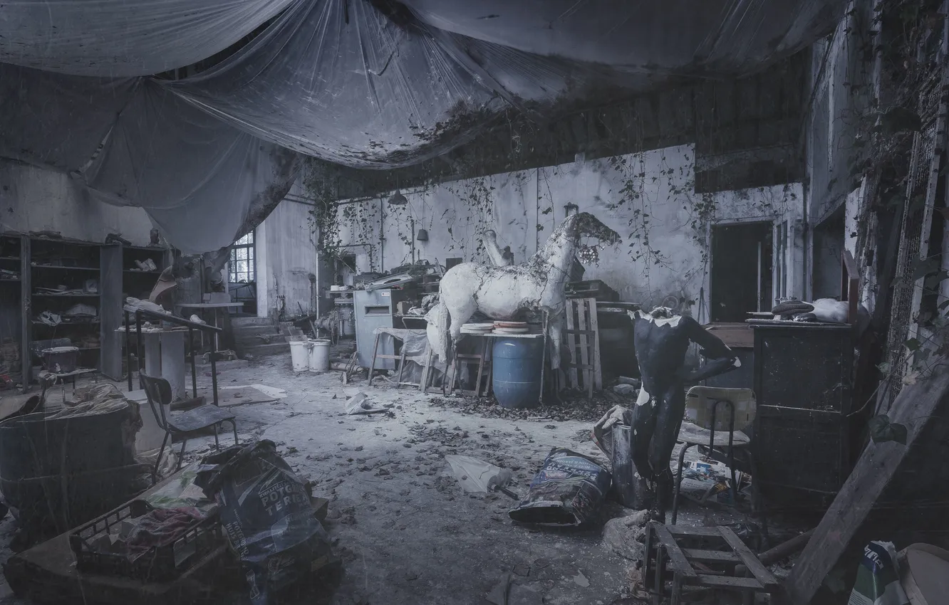 Photo wallpaper leaves, umbrella, horse, chairs, garage, instrumento, dummy, abandoned