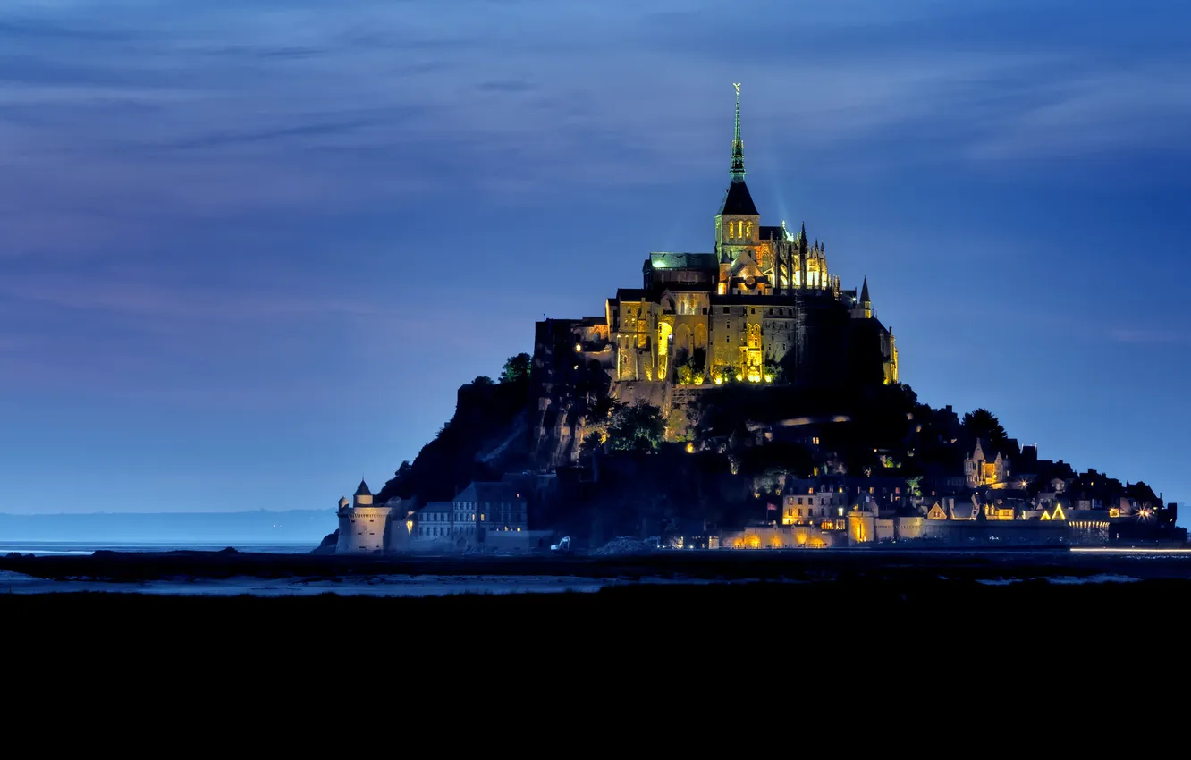 Photo wallpaper night, France, island, fortress, France, normandy, Mont-Saint-Michel, Mont Saint-Michel