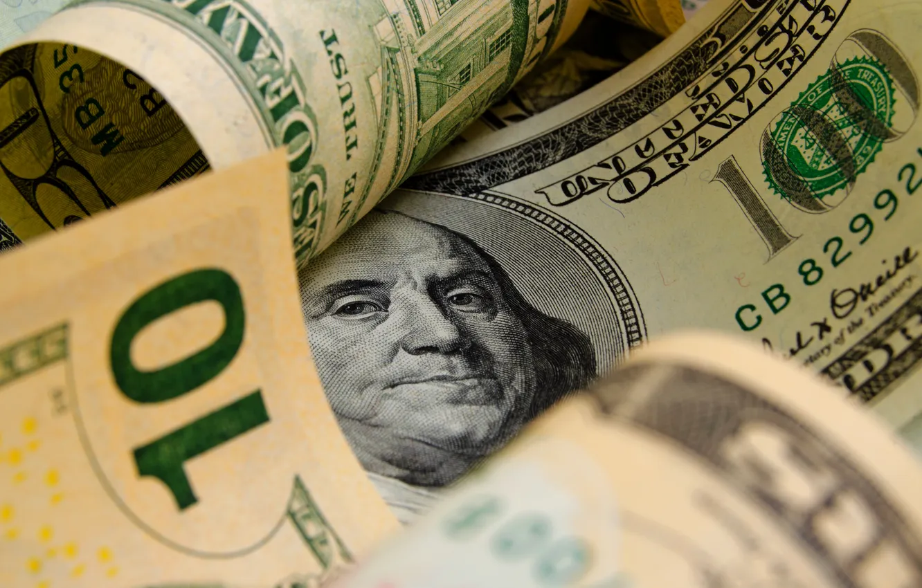 Photo wallpaper green, dollar, 100, Franklin, penetrating gaze