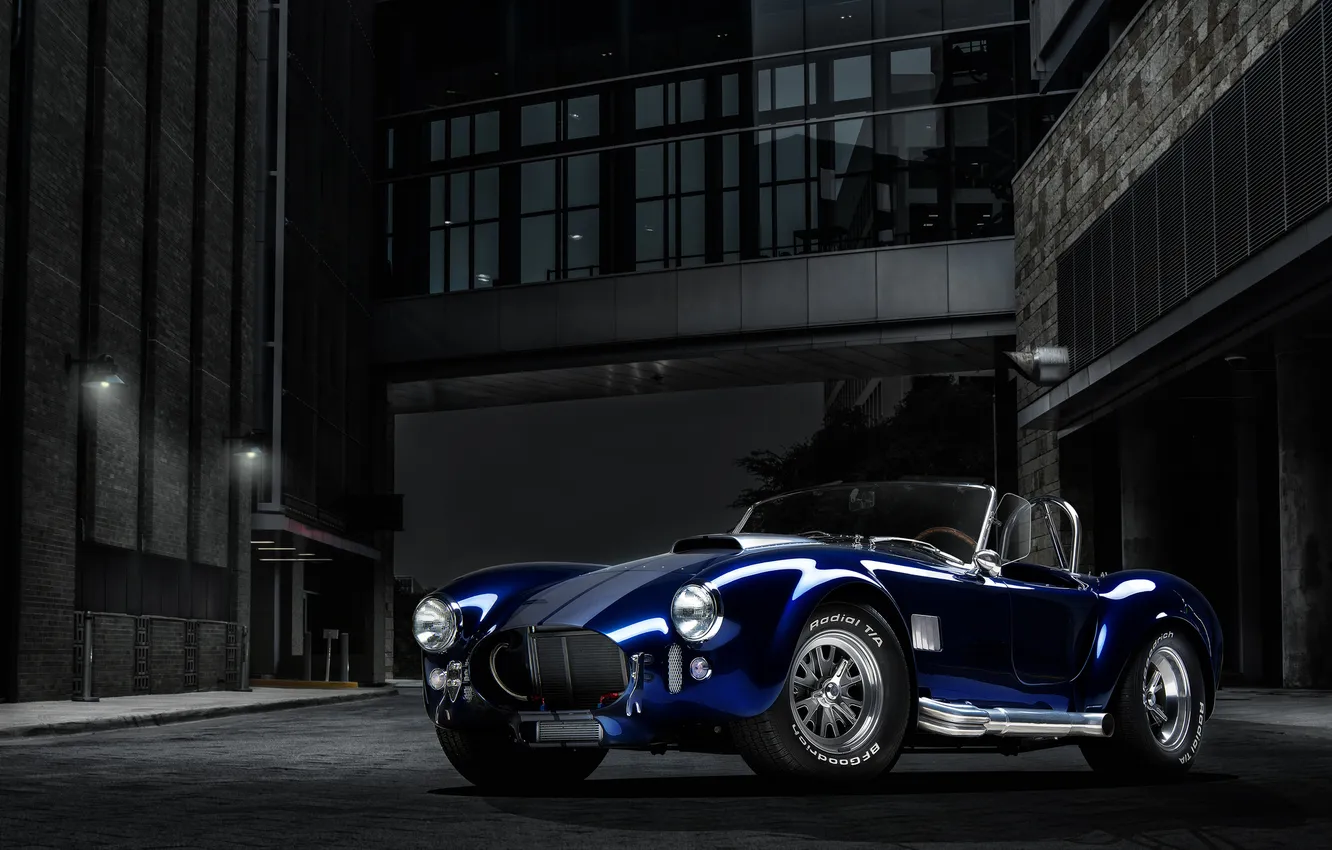 Photo wallpaper night, the building, Roadster, Shelby, Cobra, Roadster, blue, Shelby