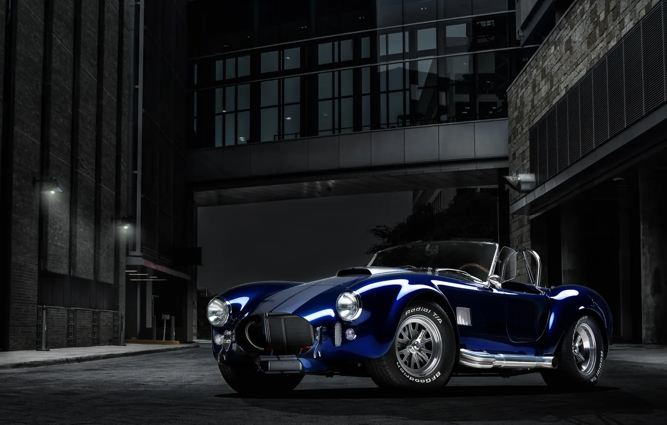 Photo wallpaper night, blue, building, Roadster, Shelby, Cobra, Roadster, Front