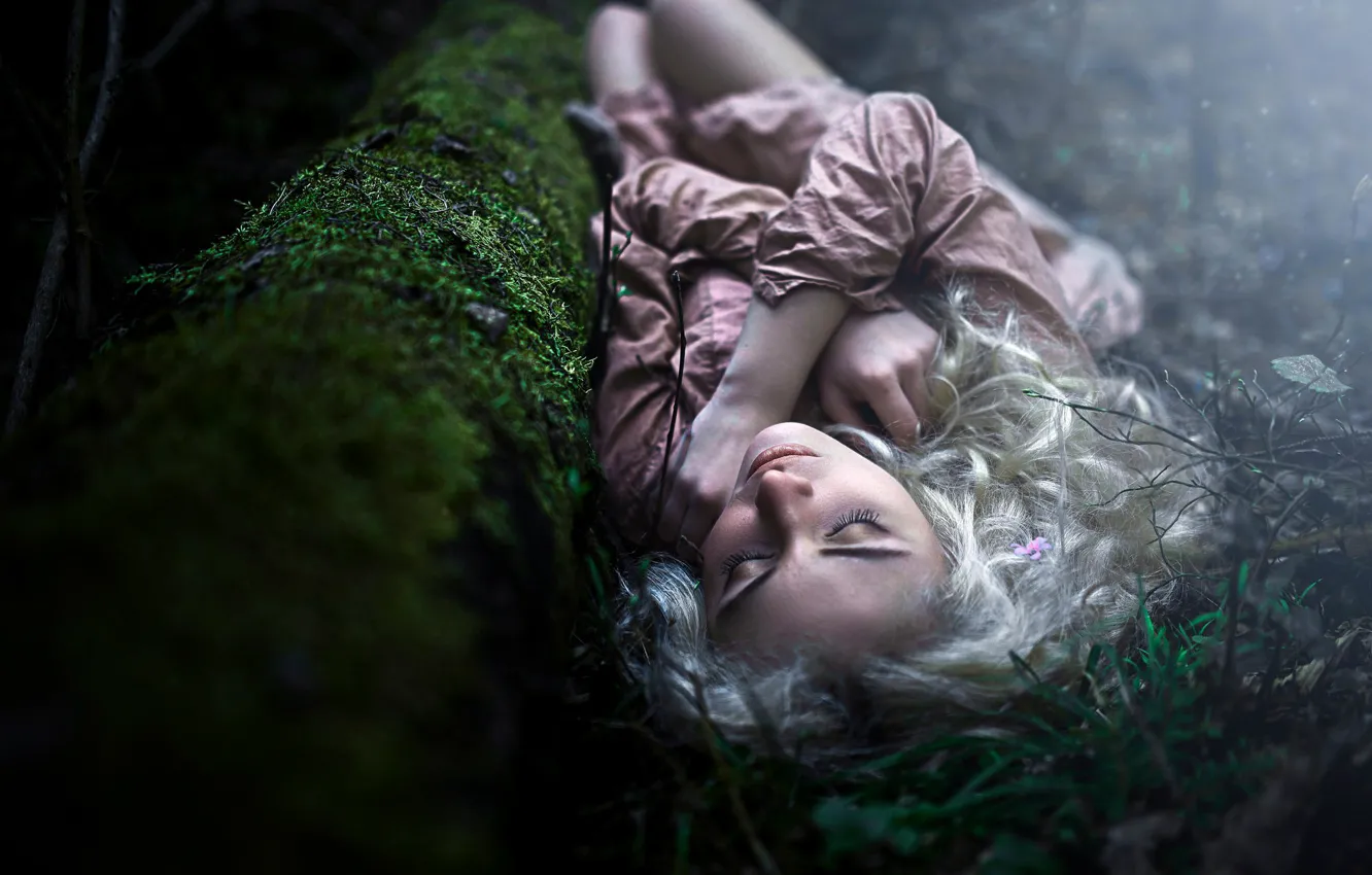 Photo wallpaper forest, sleep, blond girl