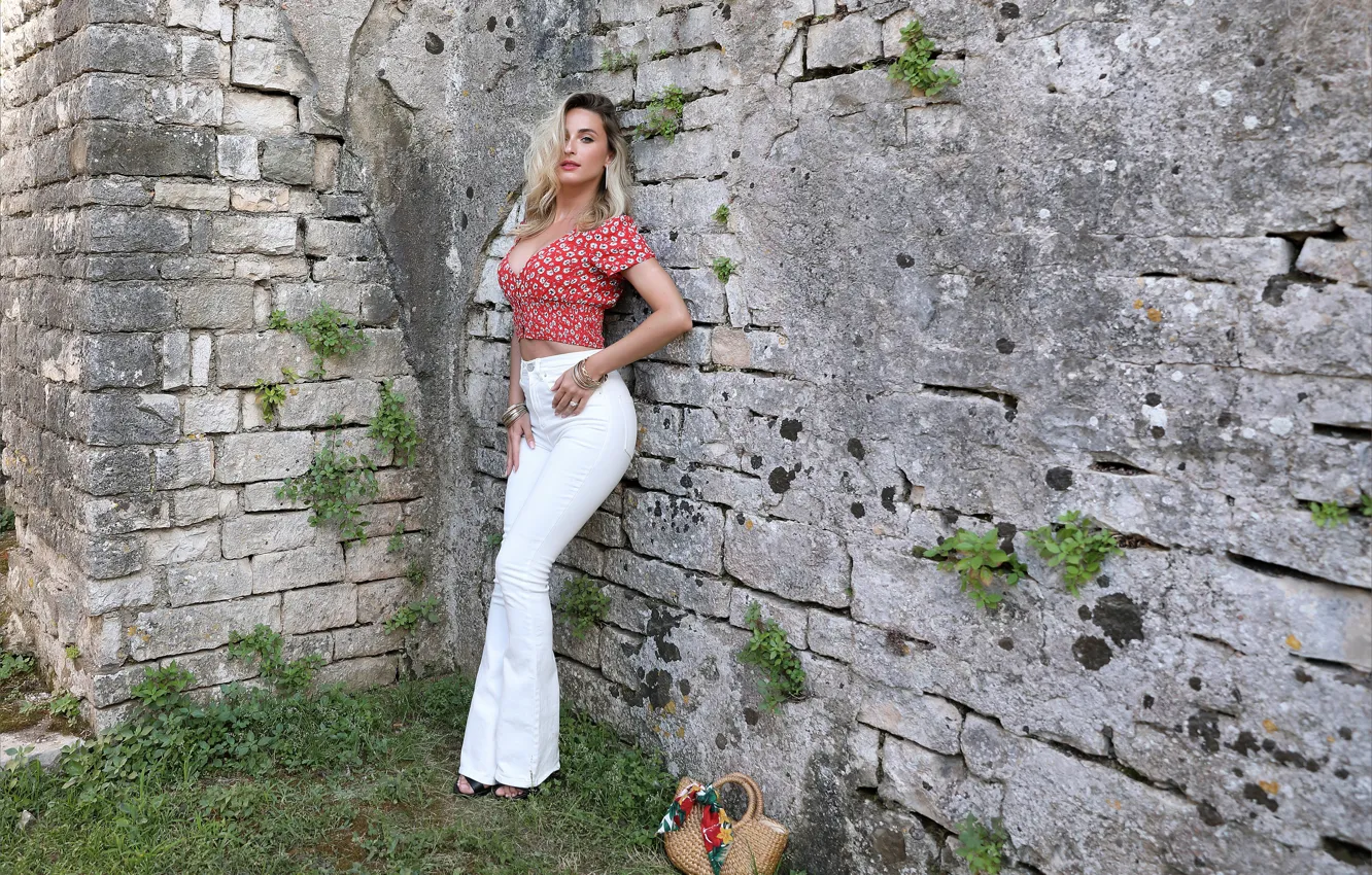 Photo wallpaper cleavage, hot girl, grey, sexy woman, red lips, posing, red top, beautiful face