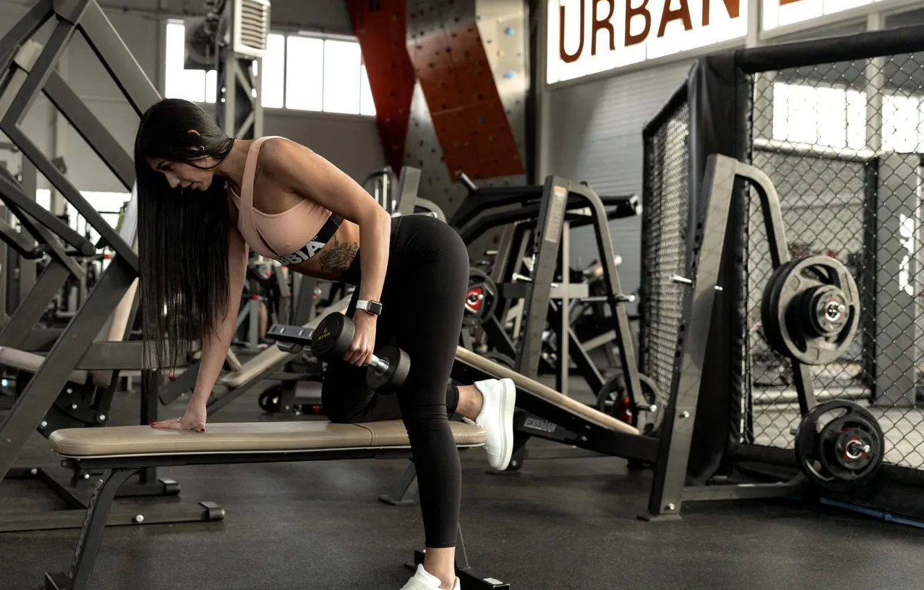 Photo wallpaper girl, long hair, model, tattoo, brunette, leggings, fitness model, sneakers