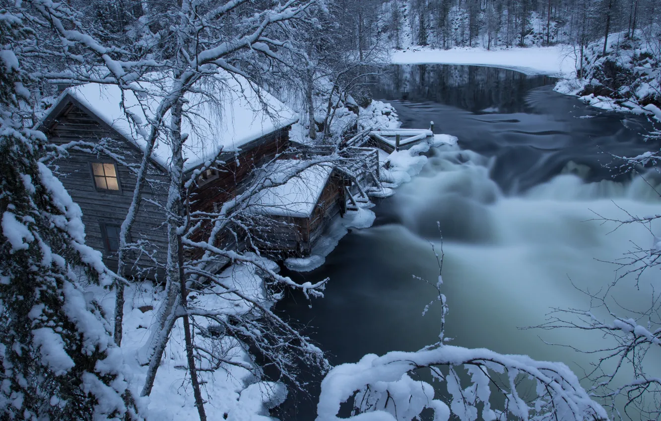 Photo wallpaper winter, forest, snow, landscape, nature, house, river, Finland