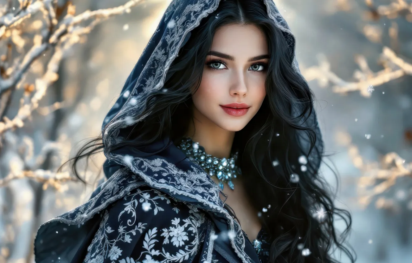 Photo wallpaper winter, girl, snow, brunette, AI art, neural network