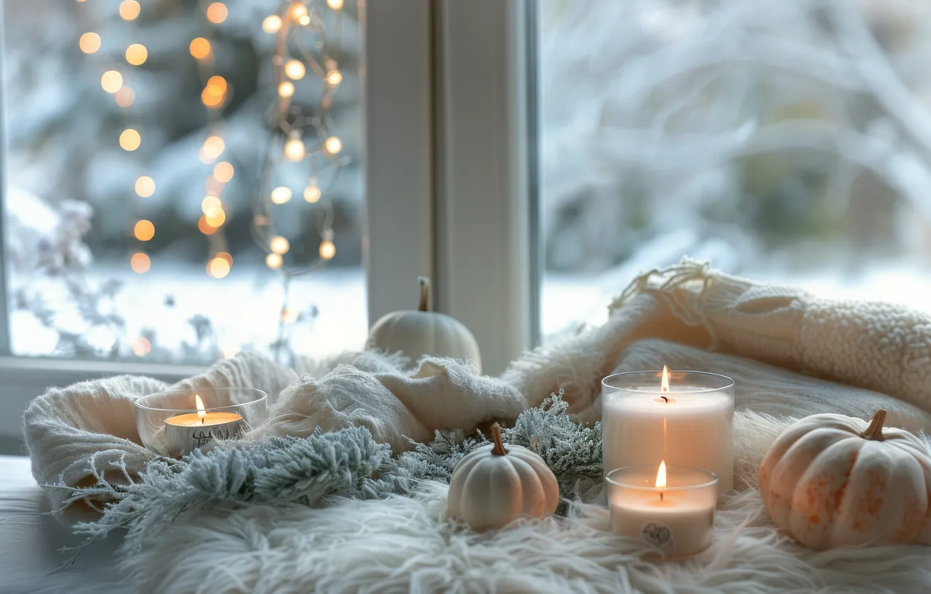 Photo wallpaper winter, glass, snow, comfort, frame, candles, window, pumpkin