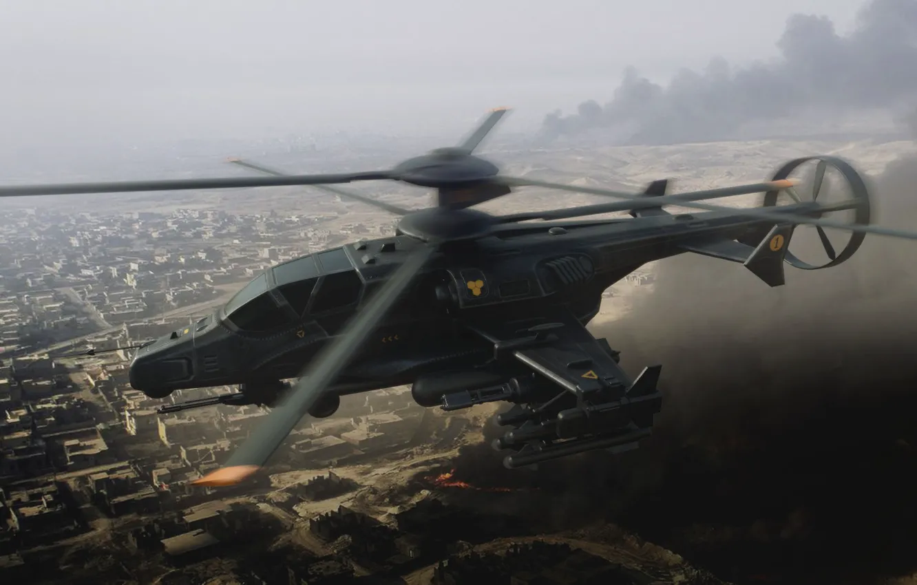 Photo wallpaper fire, helicopter, Military helicopter