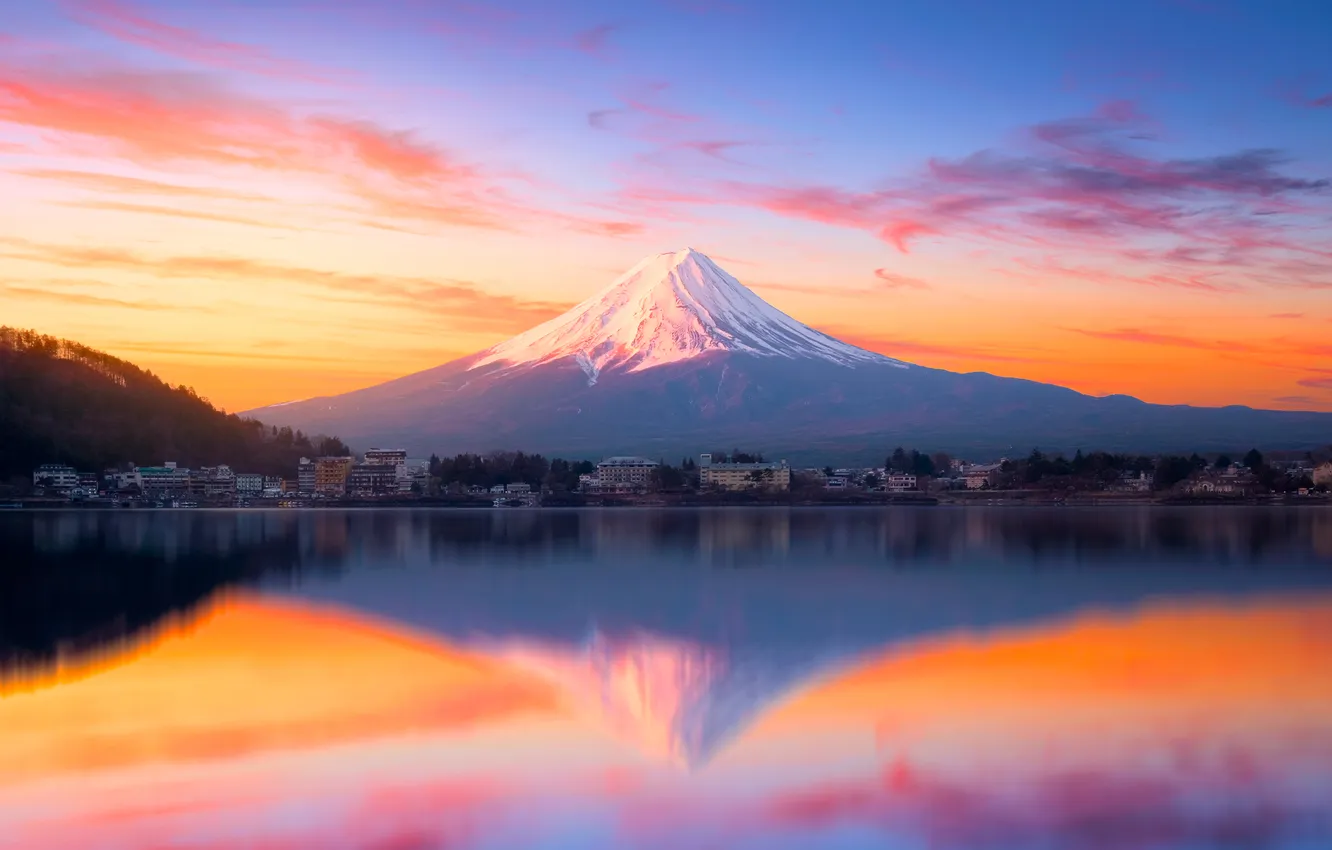 Photo wallpaper the sky, water, mountains, lake, reflection, dawn, shore, home