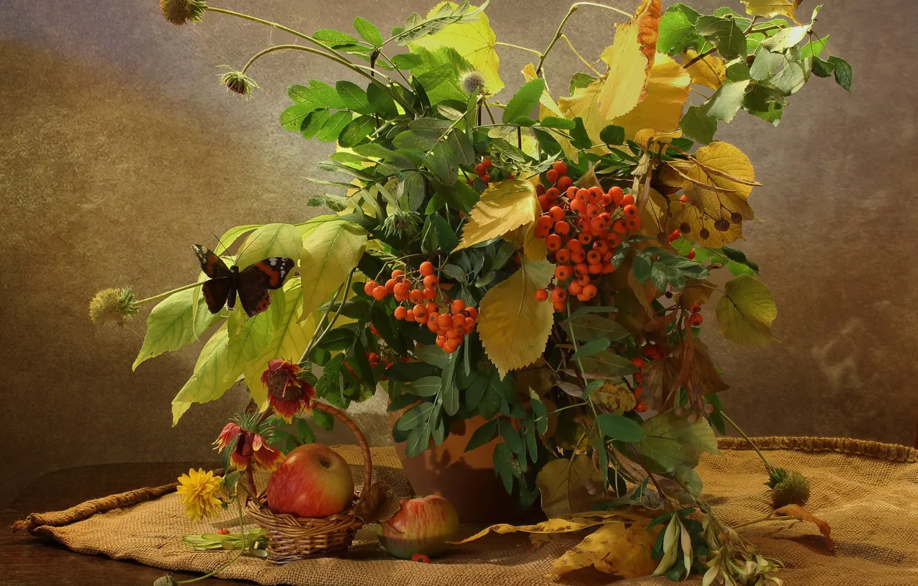 Photo wallpaper autumn, leaves, branches, table, butterfly, apples, bouquet, vase