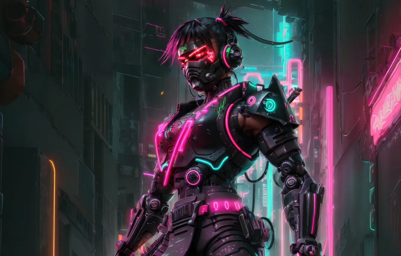 Photo wallpaper Neon, fantastic, samurai