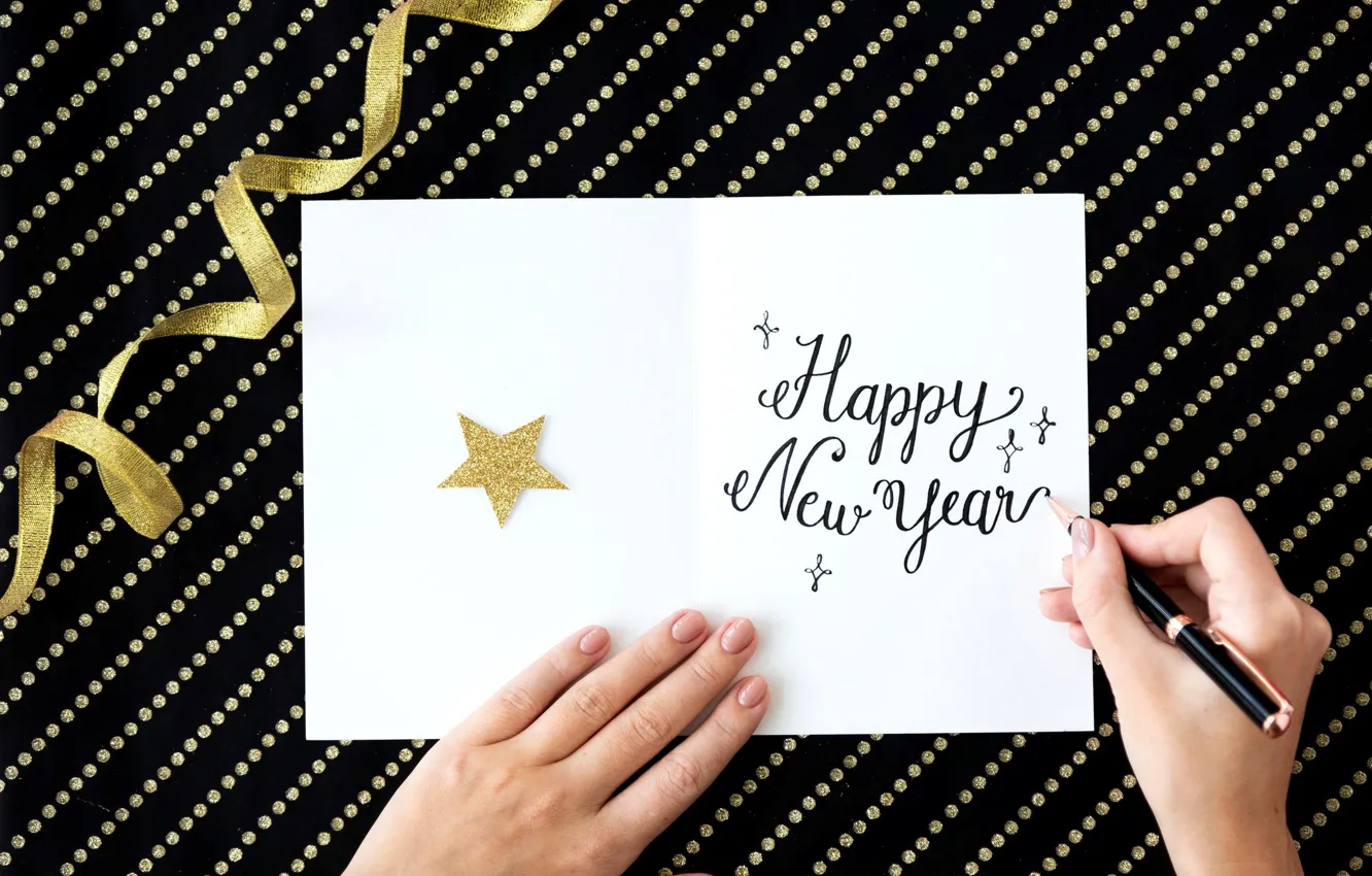 Photo wallpaper the inscription, star, new year, hands, postcard