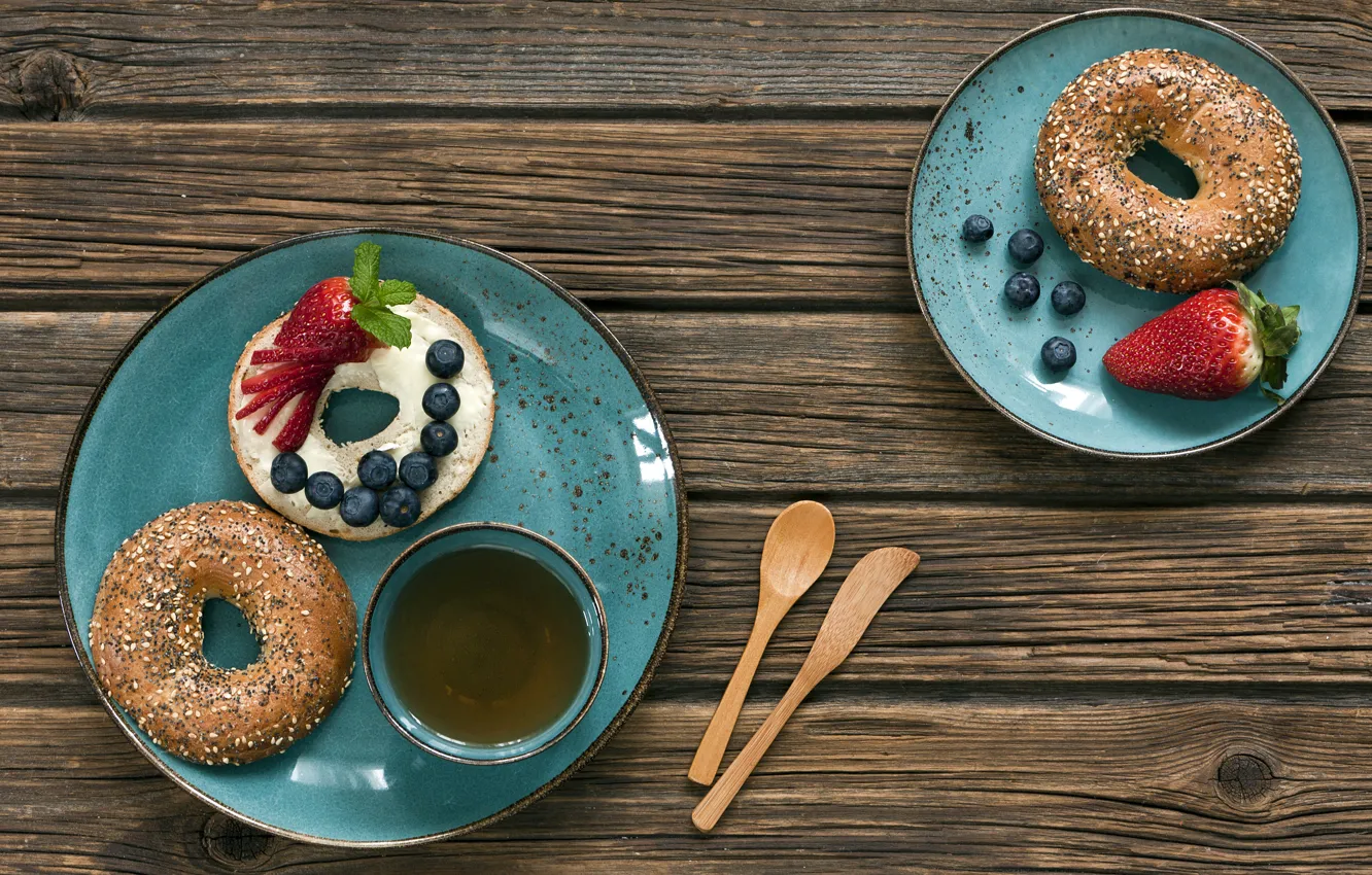 Photo wallpaper berries, tea, Breakfast, donuts, Ellygri