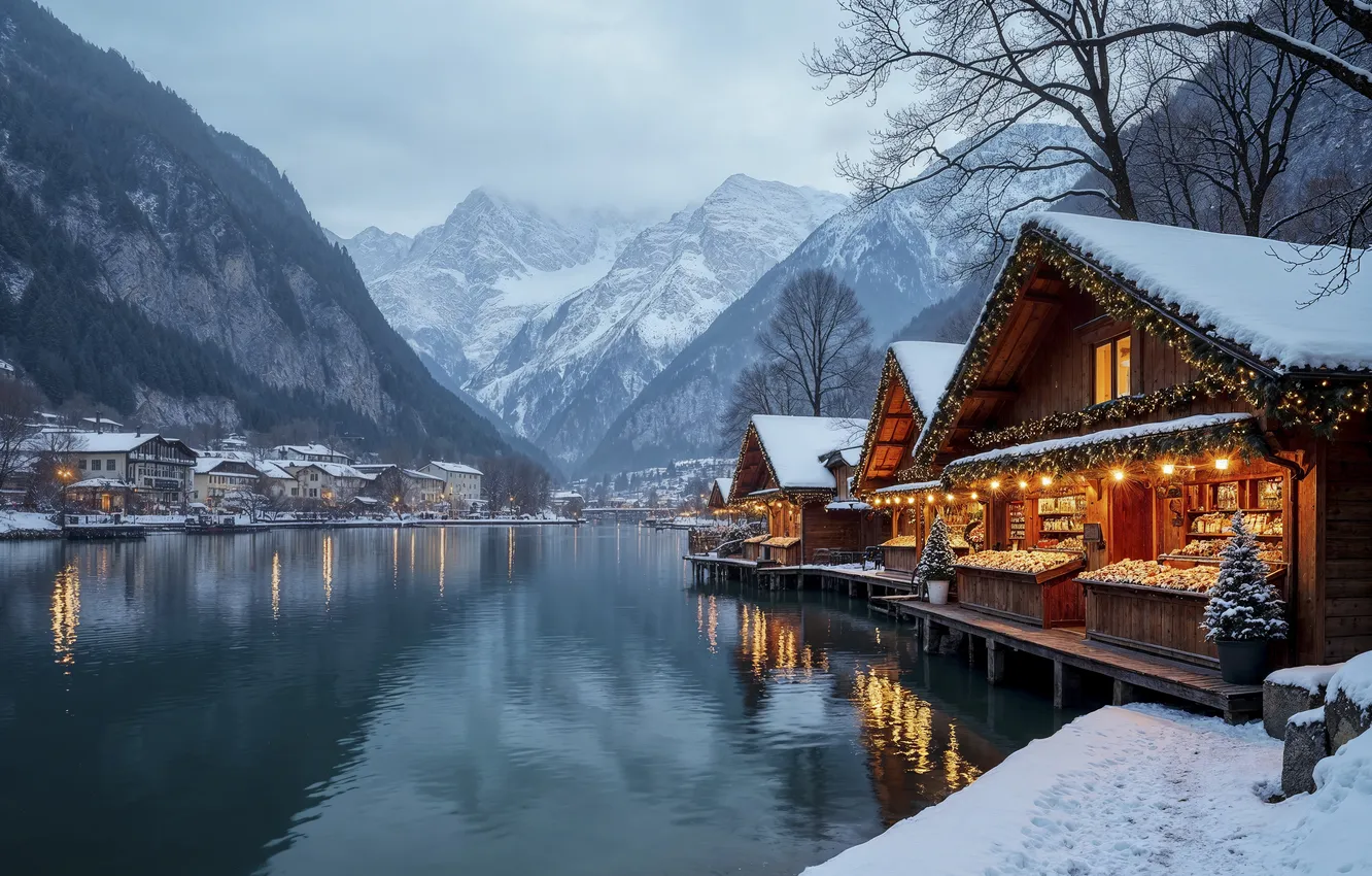 Photo wallpaper winter, snow, decoration, mountains, city, the city, lake, street