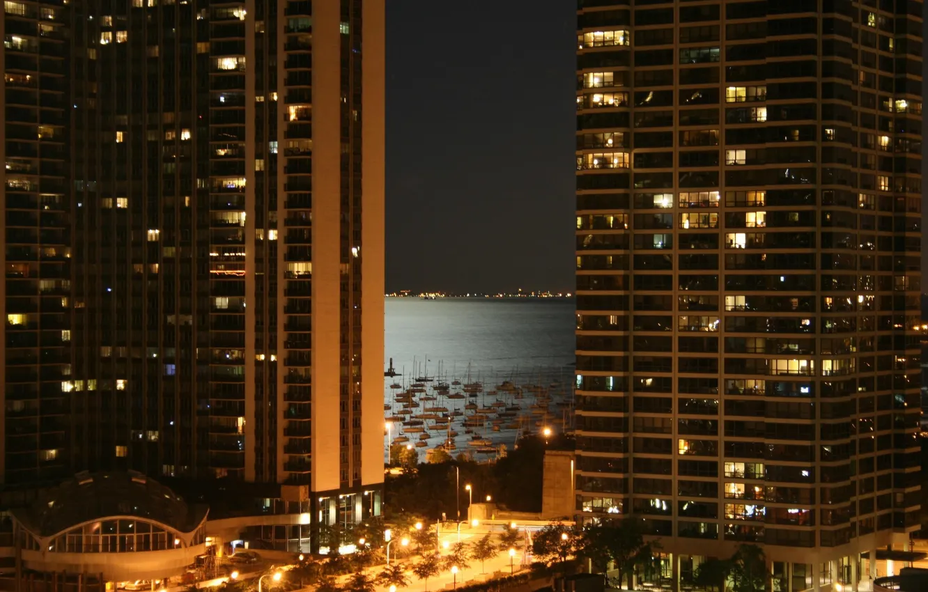 Photo wallpaper night, lights, skyscrapers, Chicago, Chicago