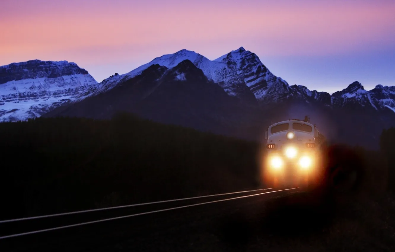 Photo wallpaper road, mountains, night, Wallpaper, train, iron, wallpapers