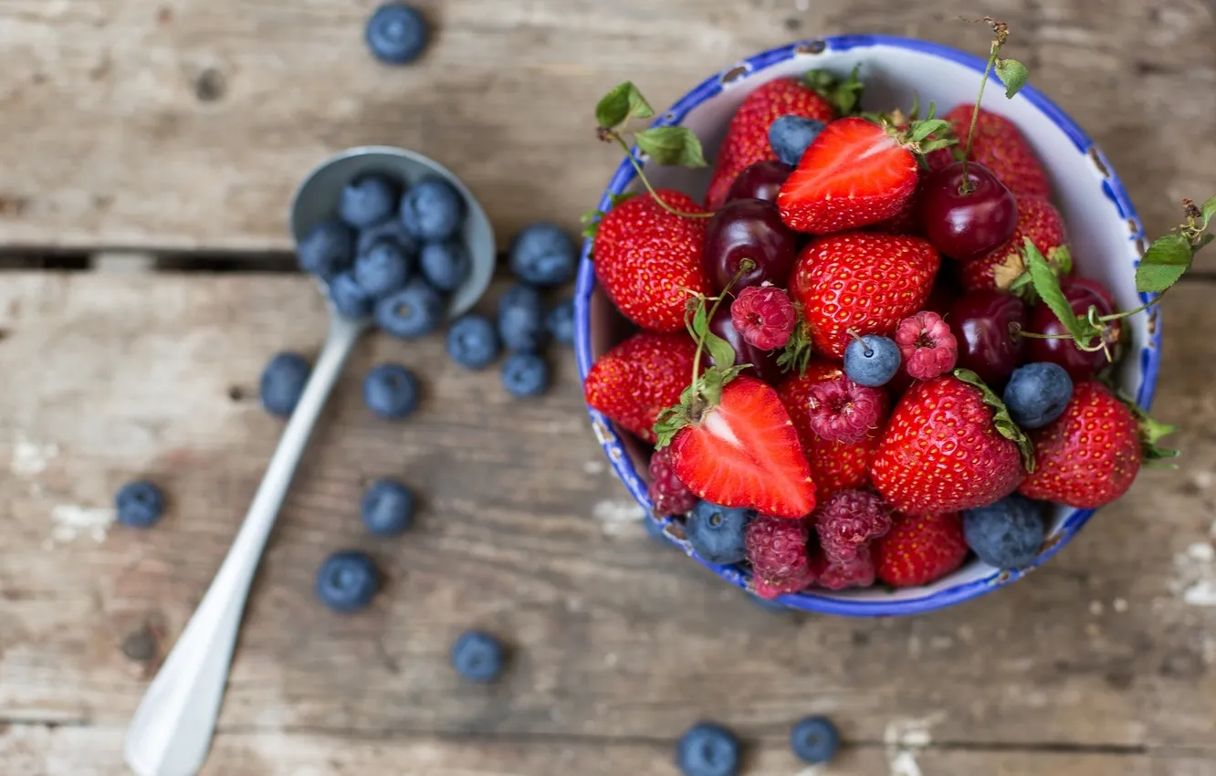Photo wallpaper cherry, berries, raspberry, strawberry, blueberries