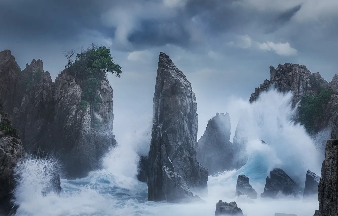Photo wallpaper wave, landscape, nature, Indonesia, the sky, rocks, Daniil Korzhonov