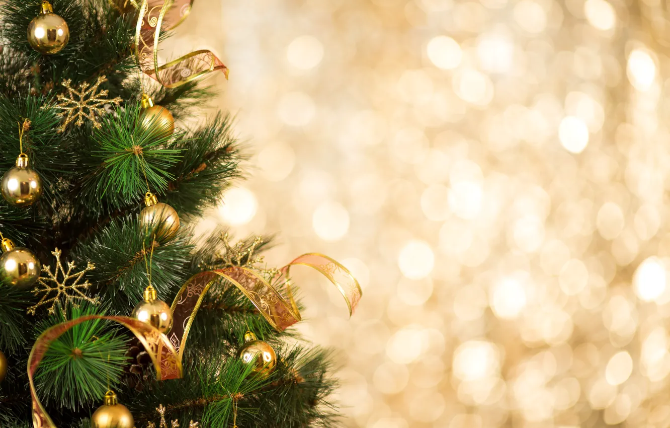 Photo wallpaper decoration, balls, tree, New Year, Christmas, golden, happy, Christmas