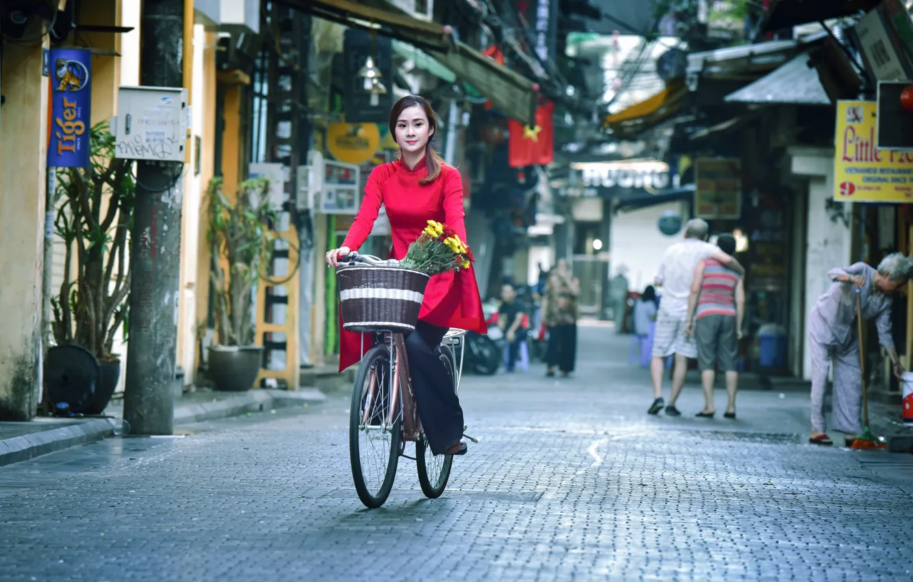 Photo wallpaper girl, bike, the city, street, Asian