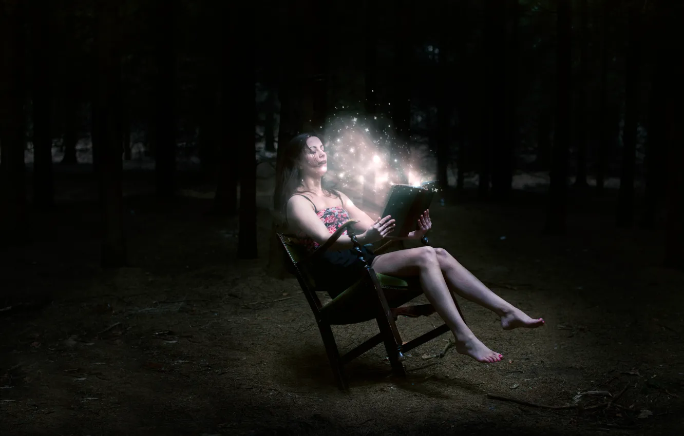 Photo wallpaper forest, girl, night, fantasy, lights, chair, book, brown hair