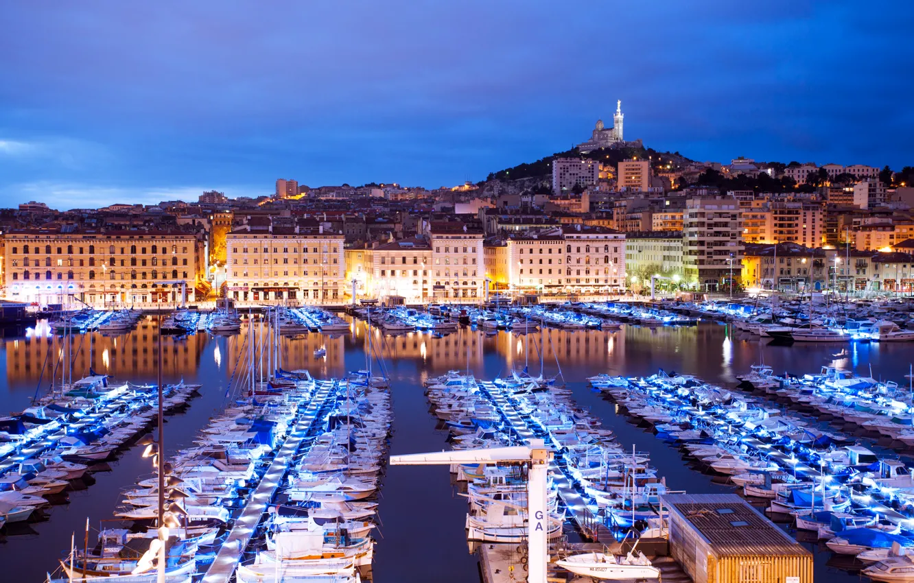 Photo wallpaper lights, France, home, yachts, boats, the evening, lights, boats