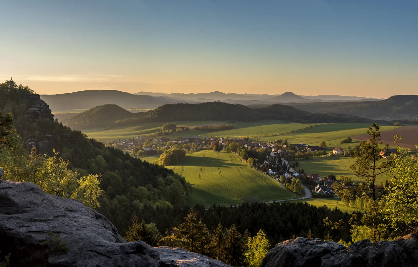 Photo wallpaper field, forest, mountains, Germany, Pope village