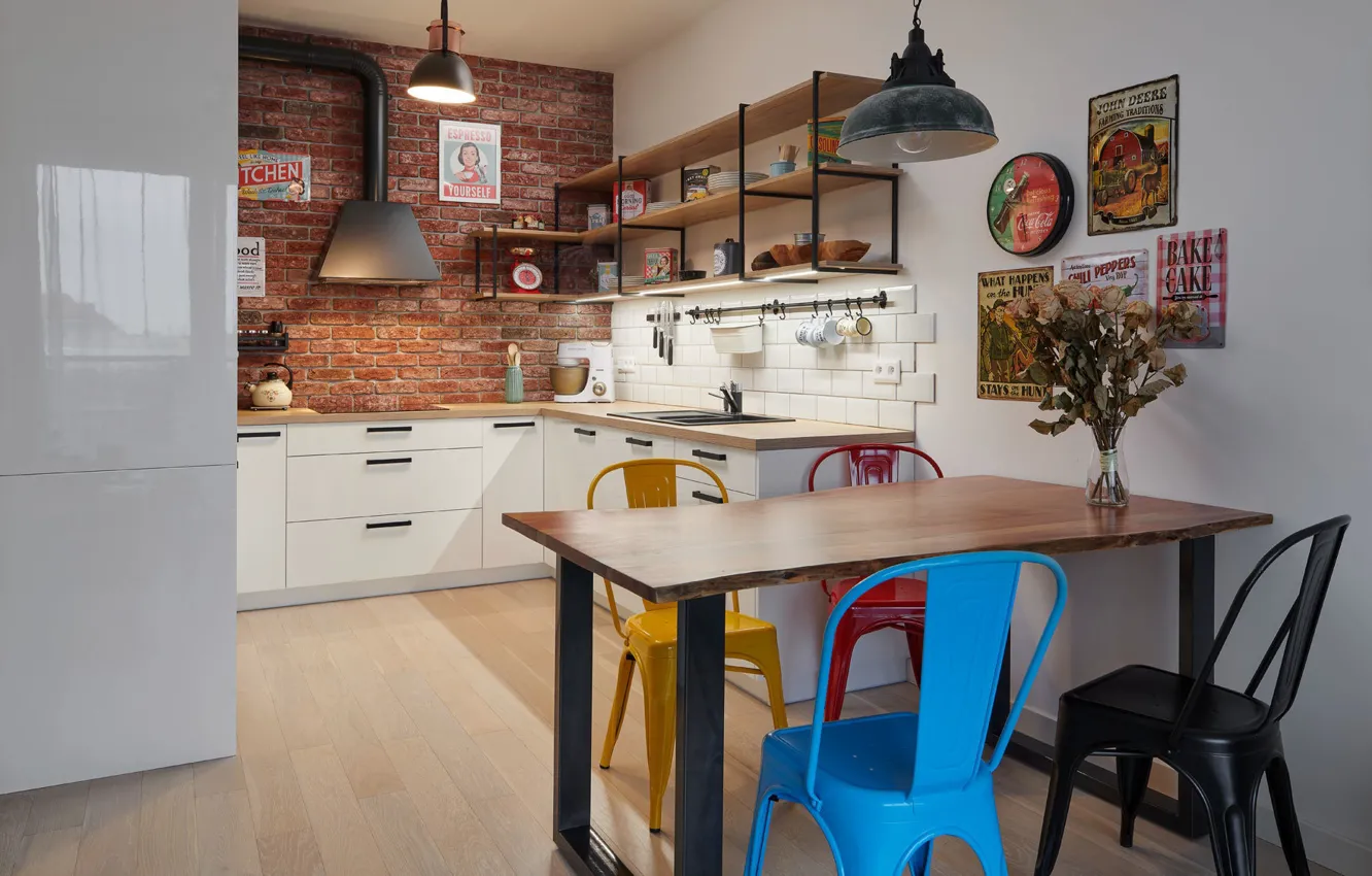 Photo wallpaper design, interior, kitchen, dining room, loft, industrial style