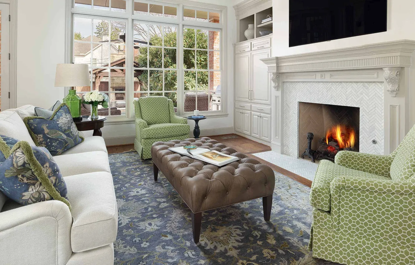 Photo wallpaper room, interior, fireplace, living room