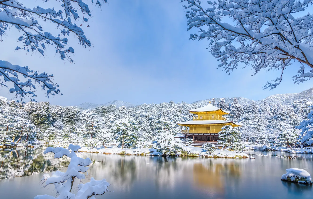 Photo wallpaper winter, snow, trees, pond, Park, Japan, temple, Japan